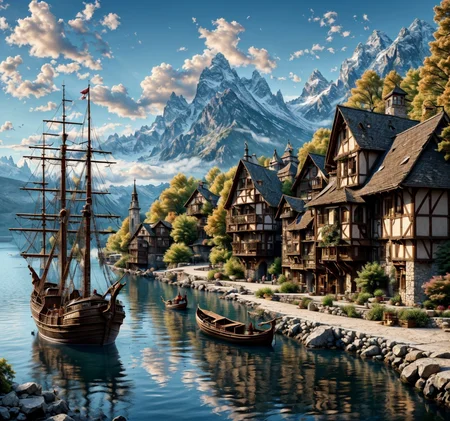 RAW photo, (masterpiece:1.3), subsurface scattering, heavy shadow, (high quality:1.4), (intricate, high detail:1.2), professional photography, HDR, High Dynamic Range, realistic, ultra realistic, photorealistic, high resolution, film photography, ambient lighting, atmospheric effects, <lora:detail_slider_v4:2>, OverallDetail, <lora:HarborAndDocks:1>, bird, blue sky, boat, bridge, building, cloud, day, fantasy, hado, horizon, house, mountain, no humans, outdoors, river, scenery, ship, sky, tower, tree, water, watercraft, window
