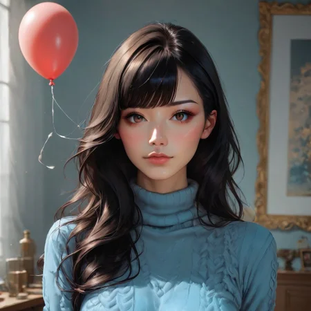 [2]a stunning real medium breasts Korean woman with long, flowing dark hair, her piercing gaze directly addressing the viewer. score_9, score_8_up, score_7_up, 4k, high quality, (best quality:1.1), realistic, photorealistic, close-up, upper body, (ultra HD quality details), High Fashion, A highly detailed, realistic digital photo of a Korean woman 28yo with a pale complexion, emphasizing her enigmatic and mystical aura,, high resolution, rich textures, and contemplative mood. Her eyes are a deep piercing and  brown, dynamic, dramatic, haute couture, elegant, ornate clothing, dark straight hair with a few loose strands framing her face, against a cyan gradient background, balloon, sweater, blue sweater, brown eyes, looking at viewer, blurry, realistic, long sleeves, upper body, blurry background, closed mouth, bangs, indoors, <lora:JennifePonySRV1:1>, <lora:add-detail-xl:0.5>, <lora:Expressive_H-000001:1.2>, <lora:IzayoiLycoXL:0.3>, embedding:pureerosface_v1, medium breasts,