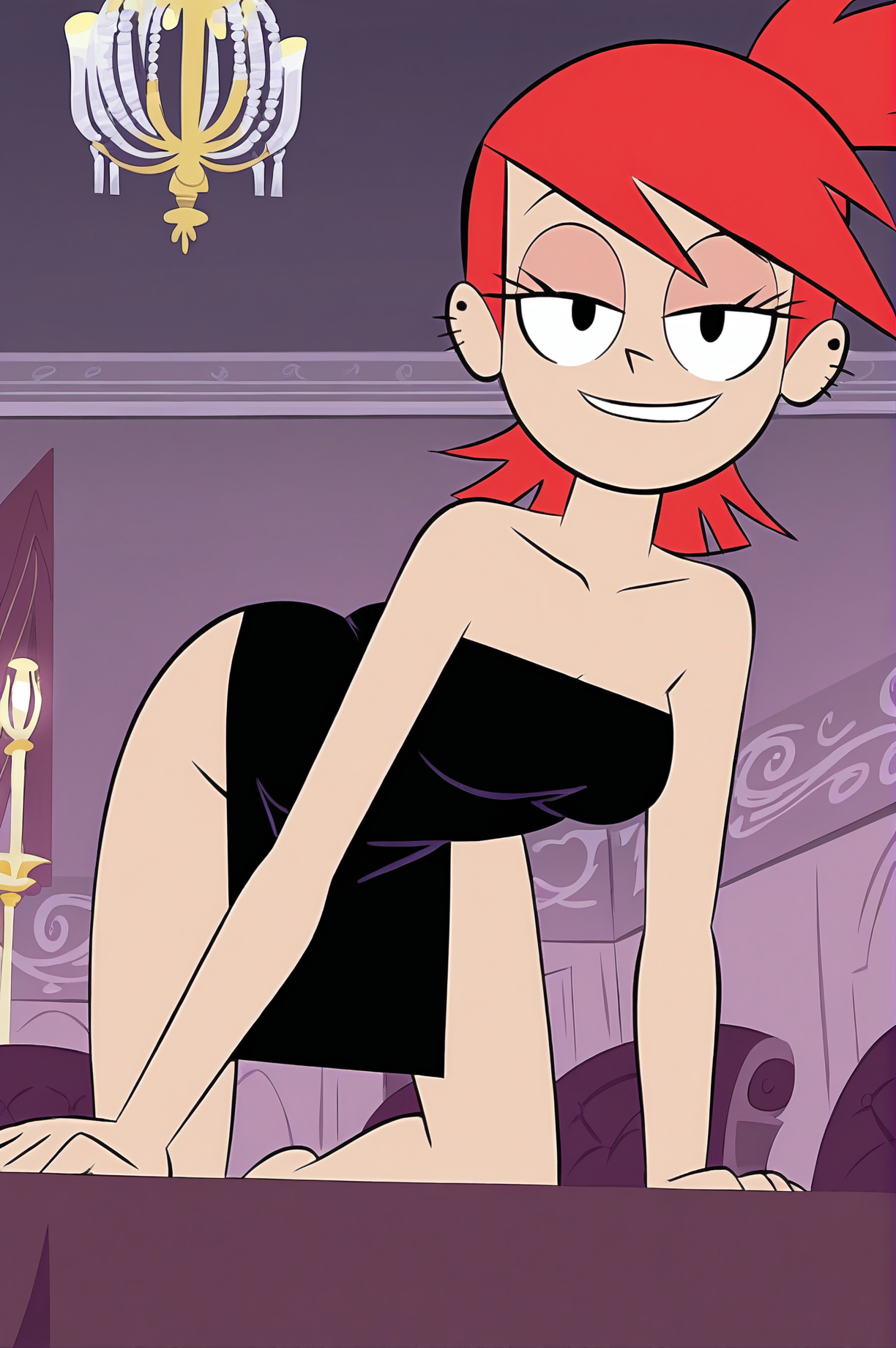 FrankieFoster, expensive bedroom, chandelier, black dress, smug, beautiful, on all fours, ass up , crawling on viewer, from below, collarbone , head tilt, on viewer , <lora:FrankieFosterCartoonXL-10:0.8>