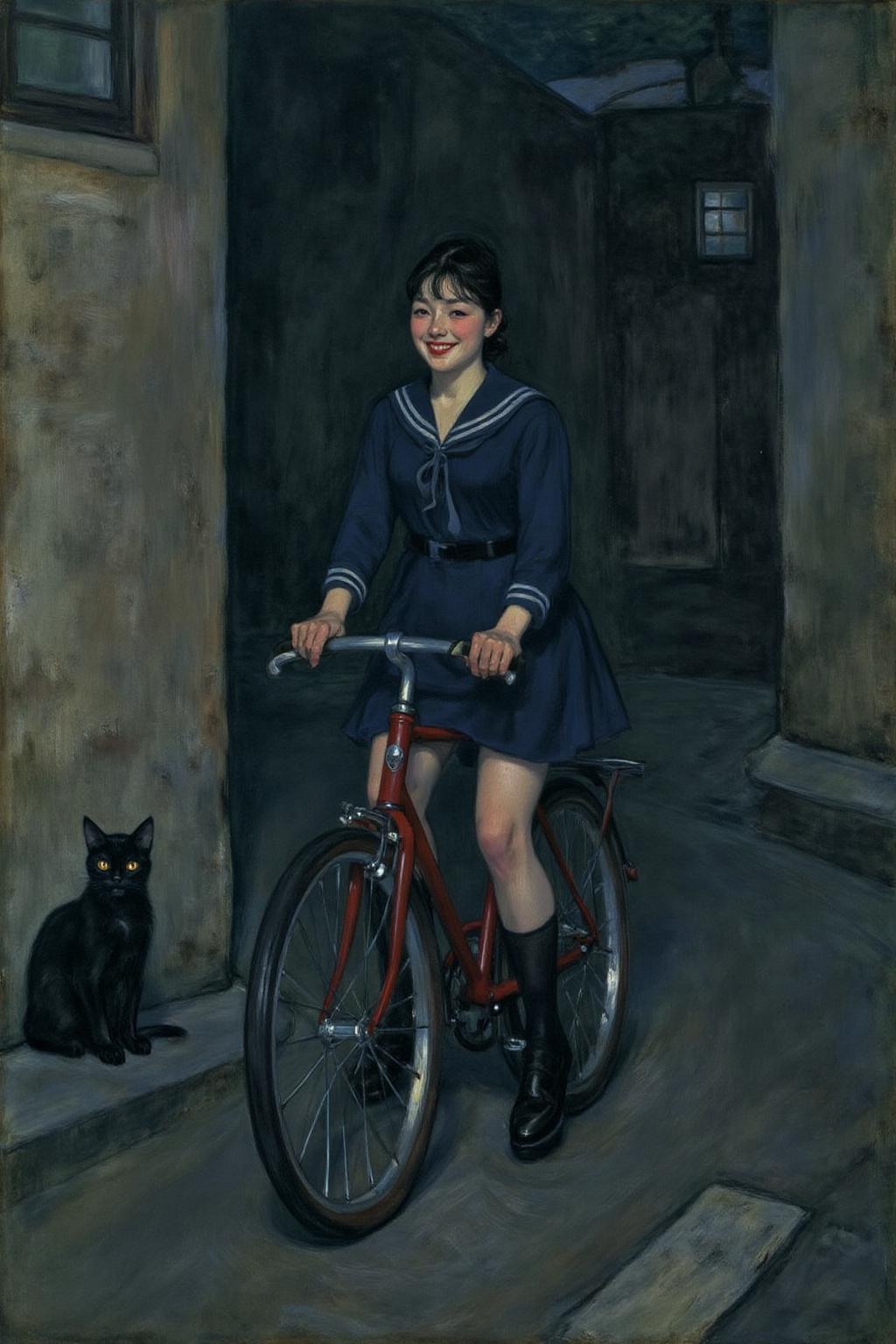 lautrec1 painting
of a young Japanese woman riding a old style bicycle through a narrow, quiet street at night. The happy woman wears a dark blue sailor style school uniform. In the corner, a small black cat with piercing eyes sits watching her quietly.  <lora:lautrec4_nocap_d6a3:1.0><lora:813628971225791727:0>
