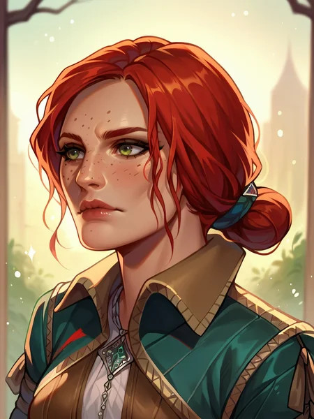 score_9, score_8_up, score_7_up, score_6_up, score_5_up, <lora:trissmerigoldXLP:1> triss merigold, 1girl, solo, red hair, freckles, green eyes, hair bun,