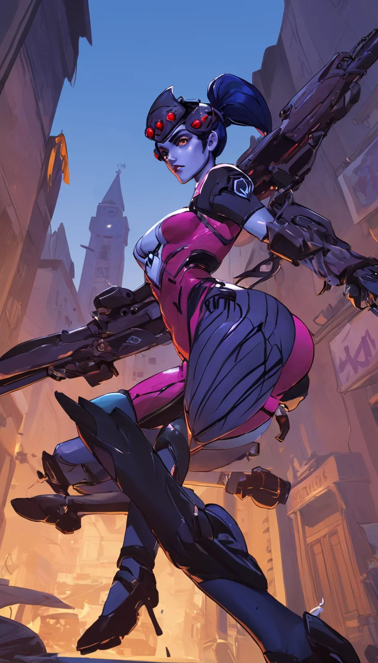 comic Cinematic scene, hero view, Widowmaker, Overwatch <lora:widowmaker_xl_v1:1>, action pose, detailed background, masterpiece, best quality, high quality, absurdres . graphic illustration, comic art, graphic novel art, vibrant, highly detailed