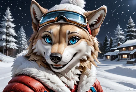 Realistic, highres, super high resolution, 8k, photo, whtfx, soft body fur, furry, anthro, detailed fur, female wolf, voluptuous figure, tufted fur, tufted ears, cheast tuft, fluffy canine tail, detailed eyes, detailed body, detailed face, seductive smile, long blonde hair, canine teeth, golden fur, blue eyes, whiskers, medium breasts, detailed background, skiing, winter outfit, googles on head, leaning forwards, mittens, winter hat, night, winter, snowing,