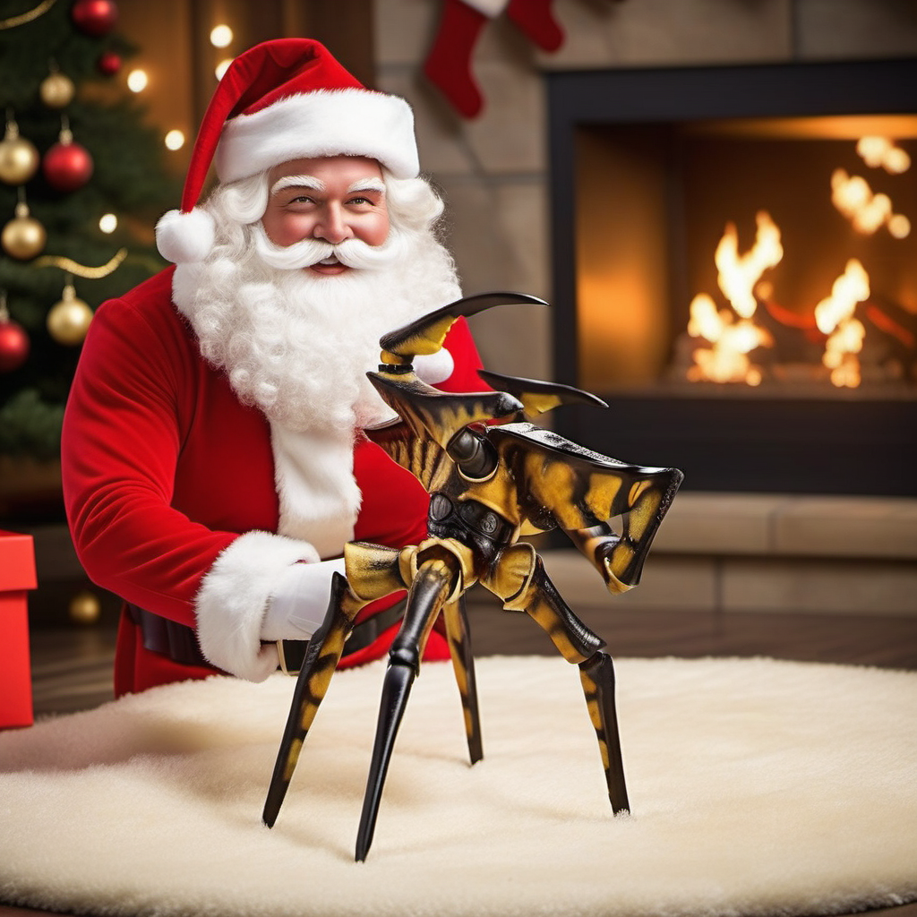 Starshiptrooper1024, santclaus poses with a bug, selfie style, smiles, christmas scenery, christmas gifts, livingroom, fireplace, features intricate detail, detailed eyes, highly detailed, photography, ultra sharp, film, bokeh, professional, 4k  <lora:Starshiptrooper1024-000477:0.8>  <lora:add-detail-xl:2>
