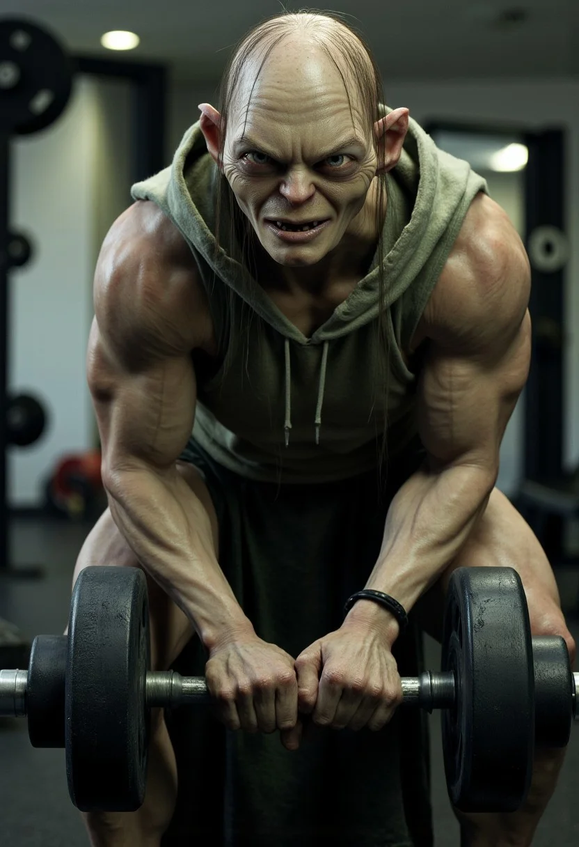 A ridiculously buff, roided-out Smeagol wearing a sleeveless hoodie, curling a massive dumbbell in a realistic gym setting.