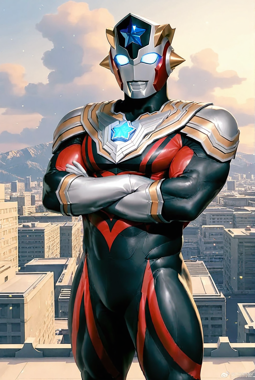 score_9,score_8_up,score_7_up,best quality,ultra-detailed,high resolution,digital painting,8k,1boy,solo,cowboy shot,male focus,bara,detailed face,tokusatsu,bodysuit,alien,glowing eyes,armor,standing,crossed arms,looking at viewer,giant,cityscape,<lora:add-detail-xl:1>,<lora:Ultraman Titus:0.7>,ultraman titus,