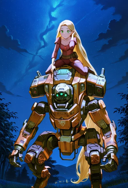 embedding:IllusP0s, ((Gigantic titan_\(titanfall\) mecha)), 1 girl, blonde hair, green eyes, very long hair flowing to the ground, outdoors, night, she is sitting on head of the mech, riding, Rapunzel is small compared to the size of the mech, Hair tucking, high angle, <lora:titanfall.safetensors:1.0:1.0>