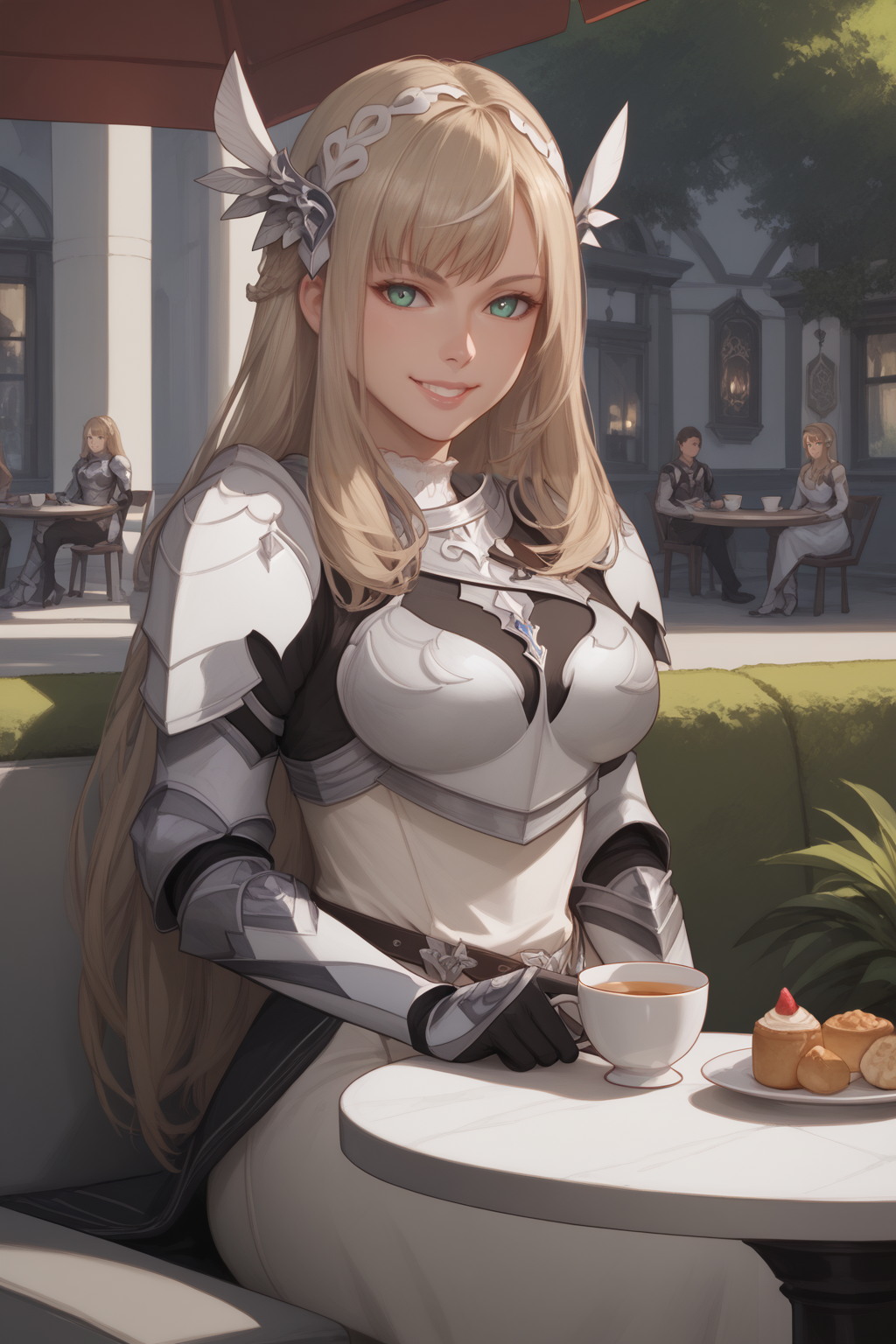 score_9, score_8_up, score_7_up, masterpiece, high quality, BREAK
 <lora:Maria Valkyrie ElysiumPonyLoRA:1>mriavalkelysm, long hair, bangs, hair ornament, pauldrons, breastplate, gauntlets, gloves, dress, belt, smile, sitting in a cafe holding a cup of tea
