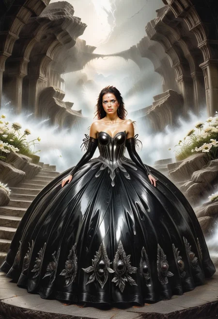 score_9, score_8_up, score_7_up, rating_safe, Fixhand,
concept art, realistic, dark theme, low light, 1girl, solo.
White lush hair, Blue eyes.
CrinolineDress, long latex dress dress, ((latex dress)).