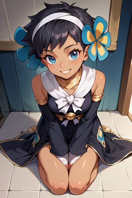 score_9, score_8_up, score_7_up, score_6_up, source_anime BREAK 1girl, solo <lora:pkmnphoebe-pdxl-nvwls-v1-000004:1> fallPhoebe, black hair, blue eyes, dark skin, hairband, hair flower, blue flower, black dress, bow, detached sleeves, kneeling, smile, looking at you, from above, indoors