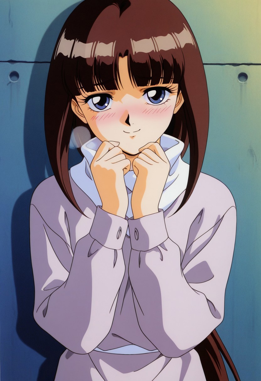 NSFW,score_9, score_8_up, score_7_up, source_anime,masterpiece, best quality,  retro_artstyle, 1990s_\(style\),official art,perfect_anatomy,1girl,1girl, Tiffa Adill, blue_eyes, brown_hair, blunt_bangs, long_hair, dress, long_sleeves,blush,(looking at viewer,detailed face and eyes,shy,smile,breathing),(upper body),close to viewer,BackAlley