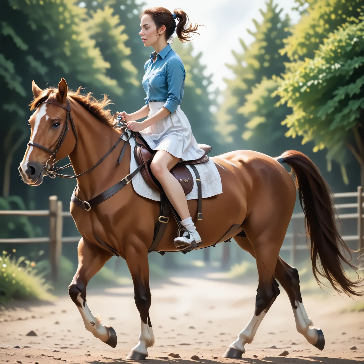 score_9, score_8_up, score_7_up, BREAK, RiHorse, side_view++ (slim 25yo female) riding a galloping horse. The female wears white short skirt and blue shirt. The female has short brunette ponytail <lora:RideHorsePony:.8>