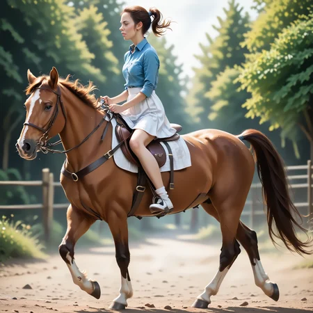 score_9, score_8_up, score_7_up, BREAK, RiHorse, side_view++ (slim 25yo female) riding a galloping horse. The female wears white short skirt and blue shirt. The female has short brunette ponytail <lora:RideHorsePony:.8>