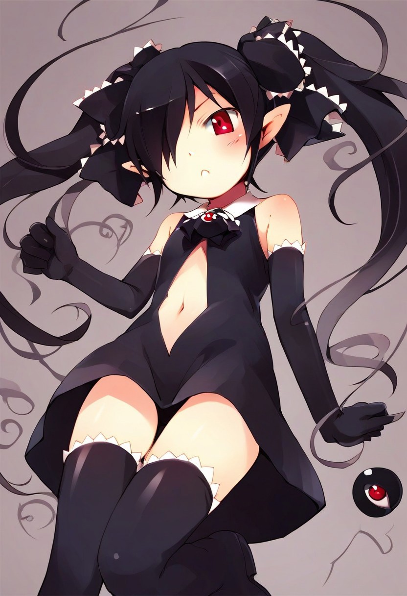 score_9, score_8_up, score_7_up, source_anime, beakotan, red eyes, black hair, twintails, hair over one eye, frills, pointy ears, ribbon, hair ribbon, black dress, shoulderless, black elbow gloves, eyeball brooch, thighhighs, navel, navel cutout, miniskirt,