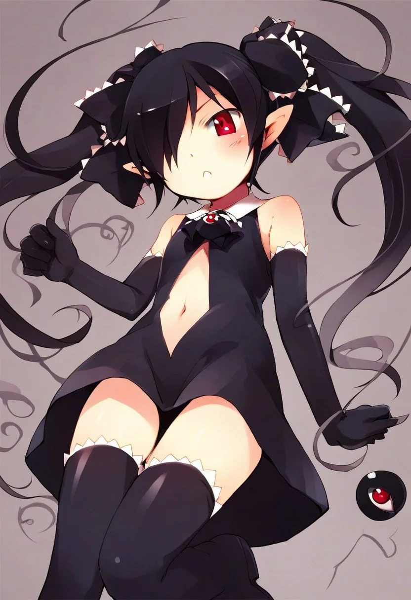 score_9, score_8_up, score_7_up, source_anime, beakotan, red eyes, black hair, twintails, hair over one eye, frills, pointy ears, ribbon, hair ribbon, black dress, shoulderless, black elbow gloves, eyeball brooch, thighhighs, navel, navel cutout, miniskirt,