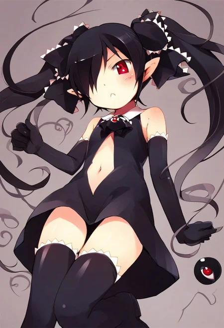 score_9, score_8_up, score_7_up, source_anime, beakotan, red eyes, black hair, twintails, hair over one eye, frills, pointy ears, ribbon, hair ribbon, black dress, shoulderless, black elbow gloves, eyeball brooch, thighhighs, navel, navel cutout, miniskirt,