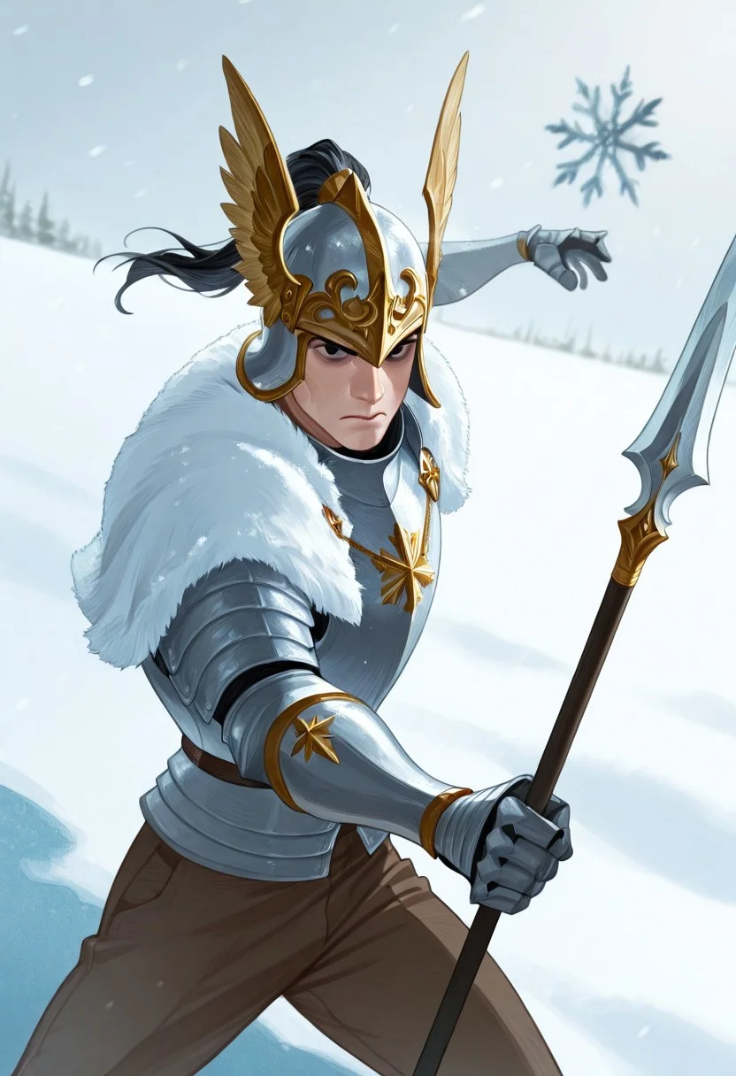 realistic shading, natural lighting, expressive serious face, machawdw-helmetted 1male focus, gold-white_machawdw_ponytail helmet, black eyes, eye_focus, holding spear, spear, fighting stance, cuirass, brown pants, armor, shiny skin, cowboy shot, snowing, snowflake, surreal, symbolic background, shadow, foreshortening, dutch angle, dynamic angle, dynamic action, intricately detailed illustration, cinematic, depth of field, atmospheric perspective, masterpiece, best quality, amazing quality, very aesthetic, absurdres, newest