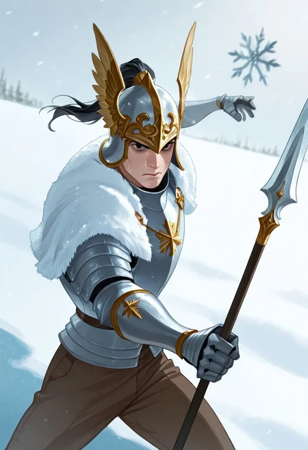 realistic shading, natural lighting, expressive serious face, machawdw-helmetted 1male focus, gold-white_machawdw_ponytail helmet, black eyes, eye_focus, holding spear, spear, fighting stance, cuirass, brown pants, armor, shiny skin, cowboy shot, snowing, snowflake, surreal, symbolic background, shadow, foreshortening, dutch angle, dynamic angle, dynamic action, intricately detailed illustration, cinematic, depth of field, atmospheric perspective, masterpiece, best quality, amazing quality, very aesthetic, absurdres, newest