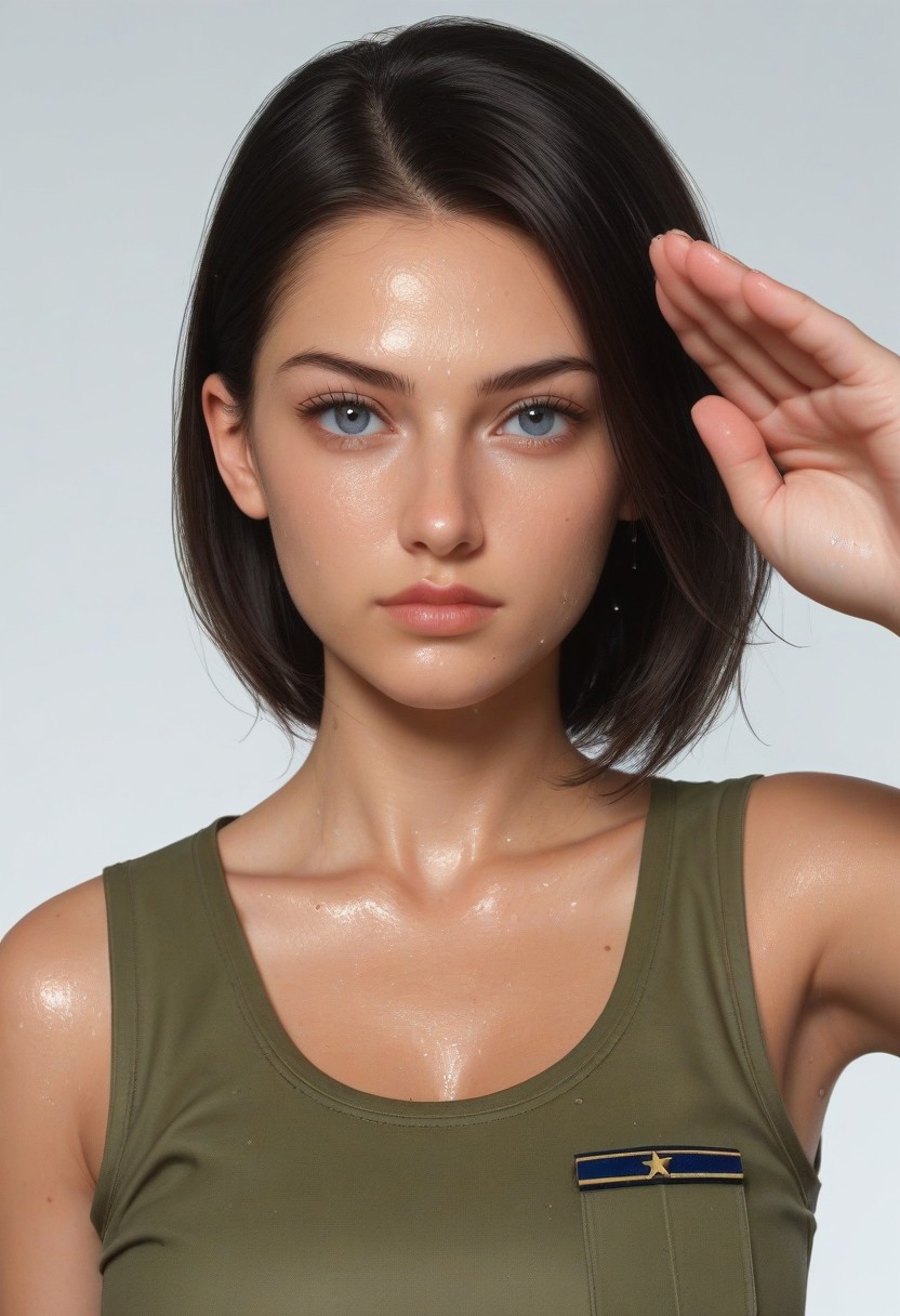 front view, 1girl, military salute stance, She stands up straight, sleeveless, military salute, sweaty skin, military clothes, portrait, collarbone, military salute,