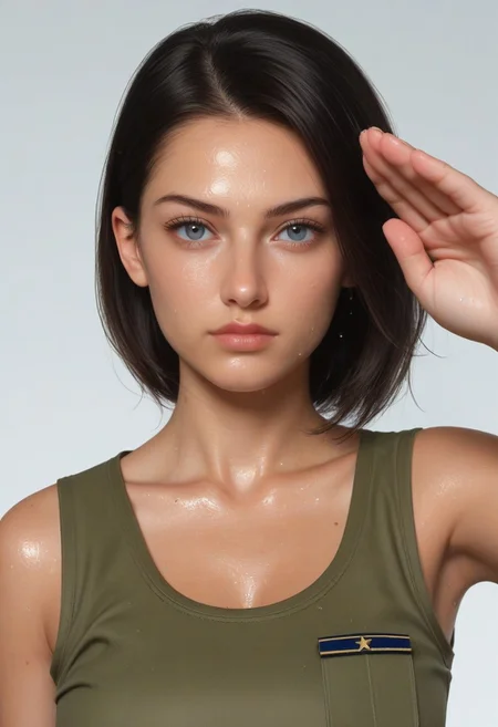 front view, 1girl, military salute stance, She stands up straight, sleeveless, military salute, sweaty skin, military clothes, portrait, collarbone, military salute,