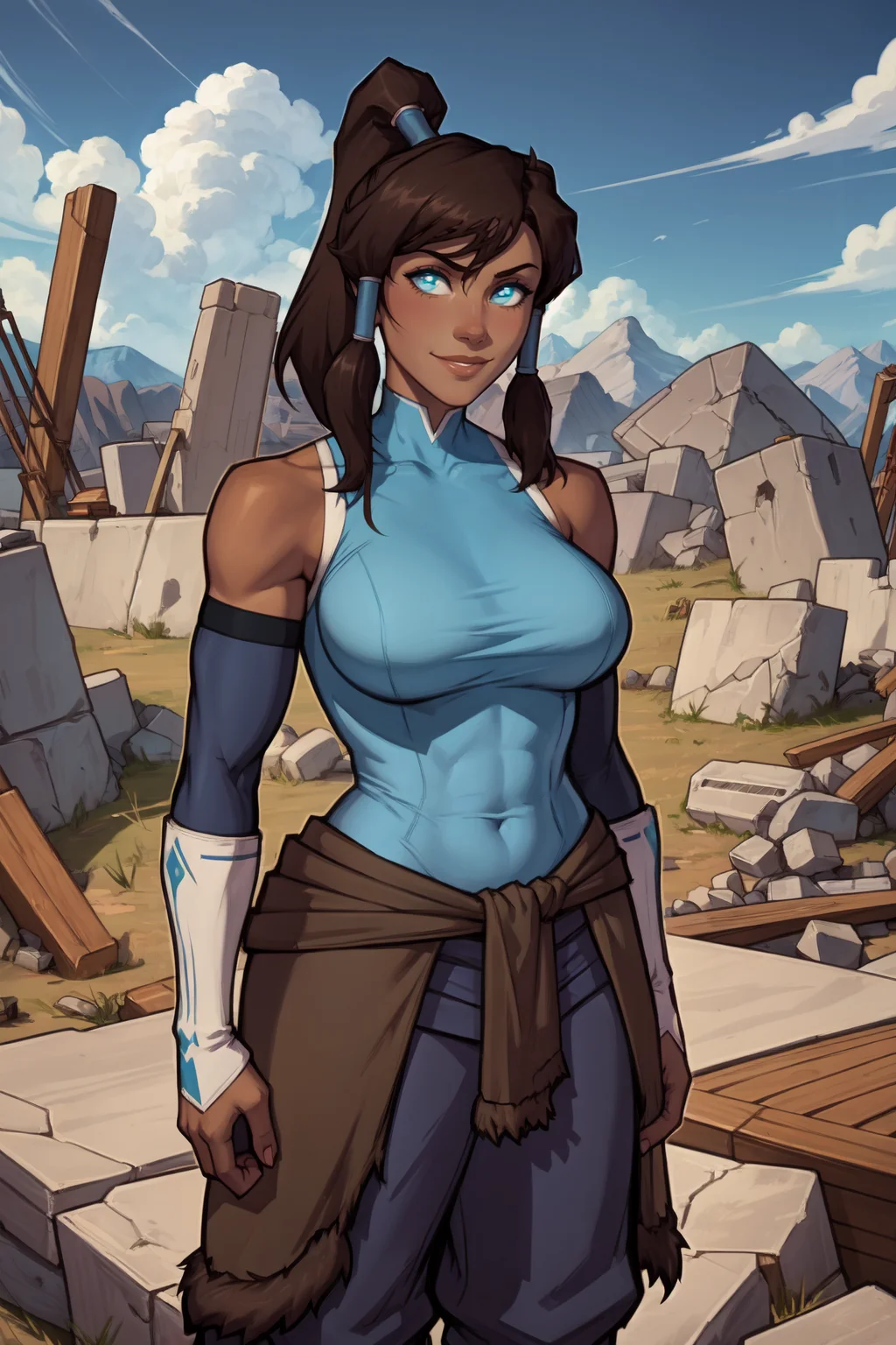 1girl, (solo:1.2), curvy, (masterpiece:1.2), (best quality:1.2), (perfect anatomy:1.4), (standing proud:1.4), (confident:1.2), smile
<lora:Asura [MockAI - v1.0]:0.8> asura, (film grain:1.2), (highly detailed shading:1.2), shiny skin, (large breasts:1.2), (cowboy shot:1.2), <lora:Korra [Konan - v2.0]:0.8> korra, long hair, (brown hair:1.2), black hair, blue eyes, ponytail, dark skin, dark-skinned female, topknot, (hair tubes:1.4), fur-trimmed jacket around waist, (blue halterneck top:1.3), armlet, vambraces, (bare shoulders:1.3), (arm_warmers:1.3), sleeveless, (post fight scenery:1.3), rubble, outside, daylight