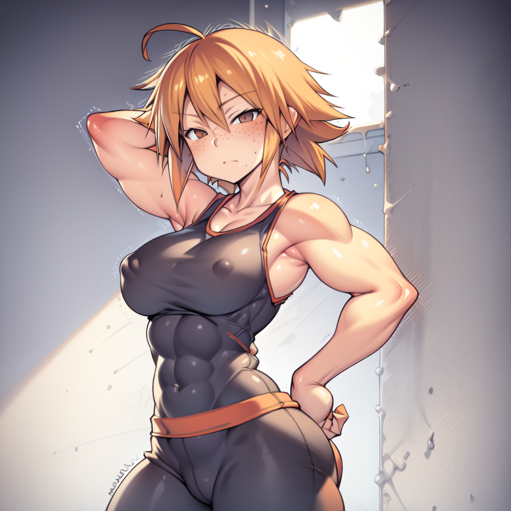 <lora:MuscleMommyLoraV1.0-000006:1>, muscle_mommy, orange hair, freckles, tank top, gym background