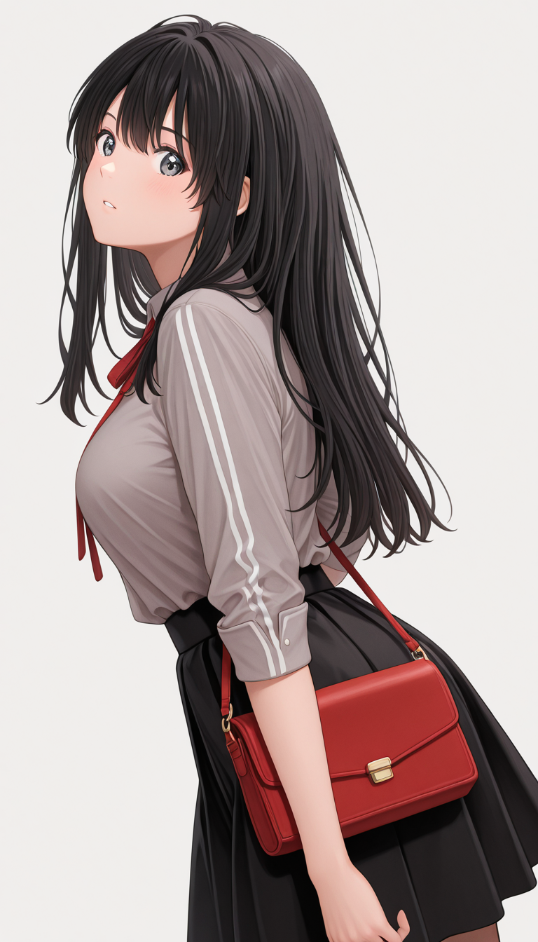IllusP0s, masterpiece, best quality, amazing quality, very aesthetic, absurdres, newest, (detailed eyes:1.4),general, ((ultra detailed hair:1.4)), ((dynamic angle)), dynamic pose
BREAK
1girl, ((solo)),miyam0to_mad0ka,((black hair)), parted lips,,<lora:Miyamoto_Madoka_-_å½¼ã¨ãããã¨åºé·ã®æ·±å¤å¤å:1>
Grey shirt with black stripes, red ribbon tie, black skirt with white stripes, red handbag
BREAK
blank background,from side,
cowboy shot
from below