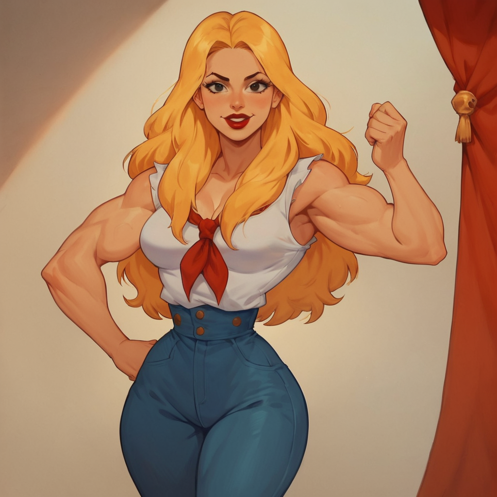 score_9, score_8_up, score_7_up, 1girl, BlondeTT, blonde hair, long hair, black eyes, lipstick, medium breasts, narrow waist, wide hips, muscular, looking at viewer, highres, high quality, masterpiece, <lora:BlondeTT:1>