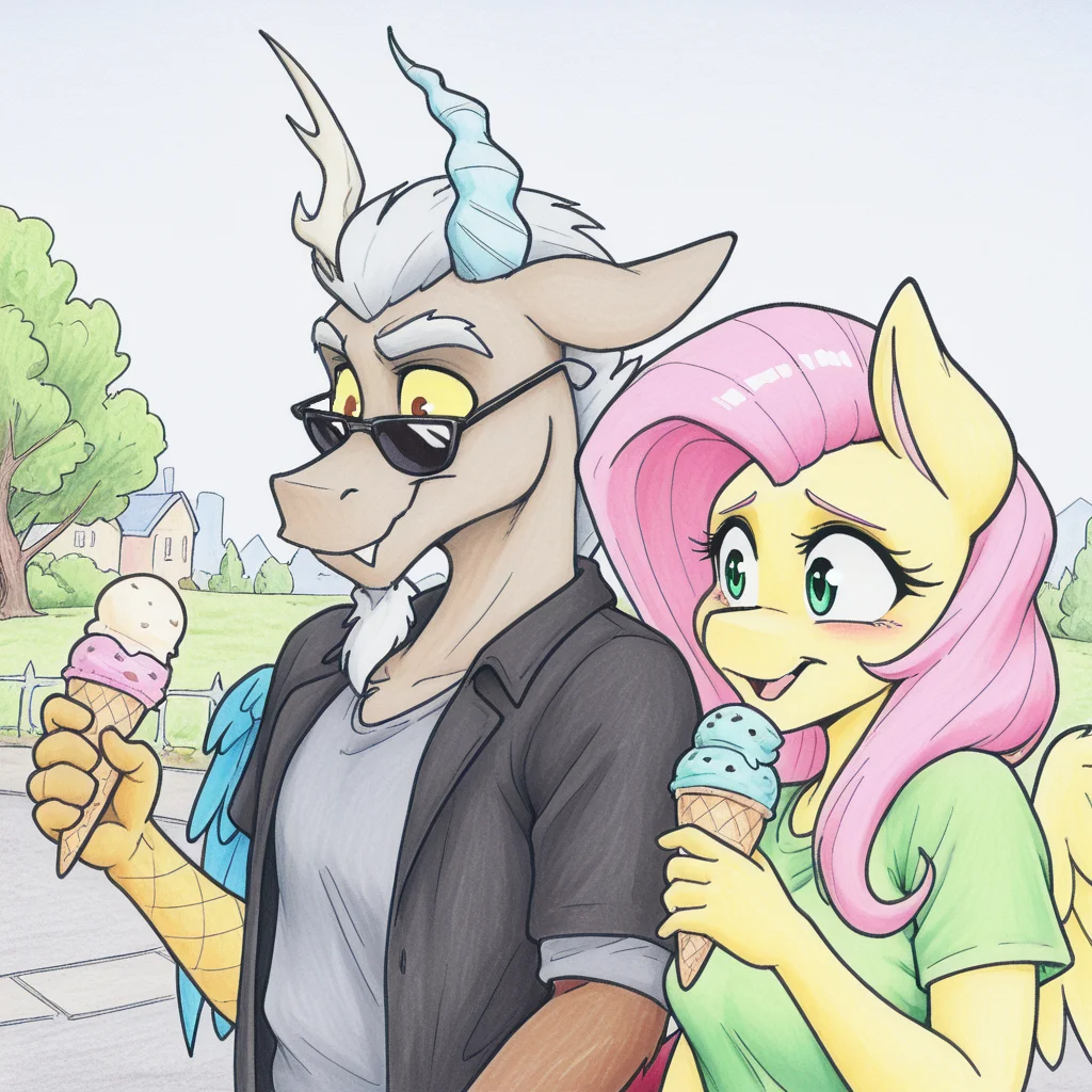 masterpiece, best quality, amazing quality,byFlickerShow, furry,furry male, 1boy ,1girl,duo,discord, draconequus, yellow sclera, white eyebrows, white beard, gray head, brown body, red tail, asymmetrical horns, asymmetrical wings, fang,,black jacket, grey shirt,sunglasses,park, BREAK,1girl,fluttershy, green shirt,larger male, side-by-side, holding ice cream cone,,(detailed background:2.0),size difference,looking at another, blue sky, clouds, <lora:Flicker-Show:1.0> <lora:Discord-000009:0.8>
