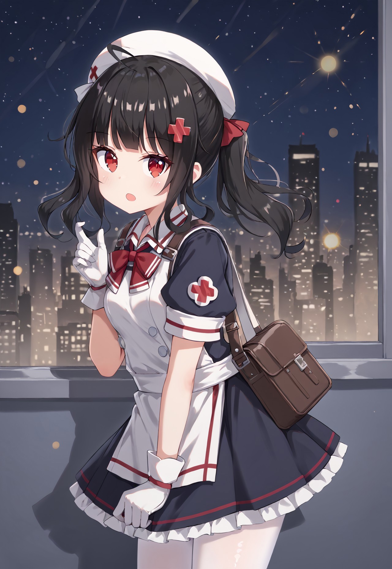 GShMedic, black hair, nurse cap, bangs, x hair ornament, ahoge, red eyes, white headwear, white apron, puffy short sleeves, white gloves, side ponytail, black skirt, black sleeves, red bow, armband, sidelocks, long hair, white pantyhose, collared dress, small breasts,

looking at viewer, head tilt, open mouth, from side, hand up, bag, first aid kit,

window, city, cityscape, dark, night, night sky,

1girl, solo, solo focus, highres, absurdres, light particles, shade, lens flare, shiny skin, fine fabric emphasis,