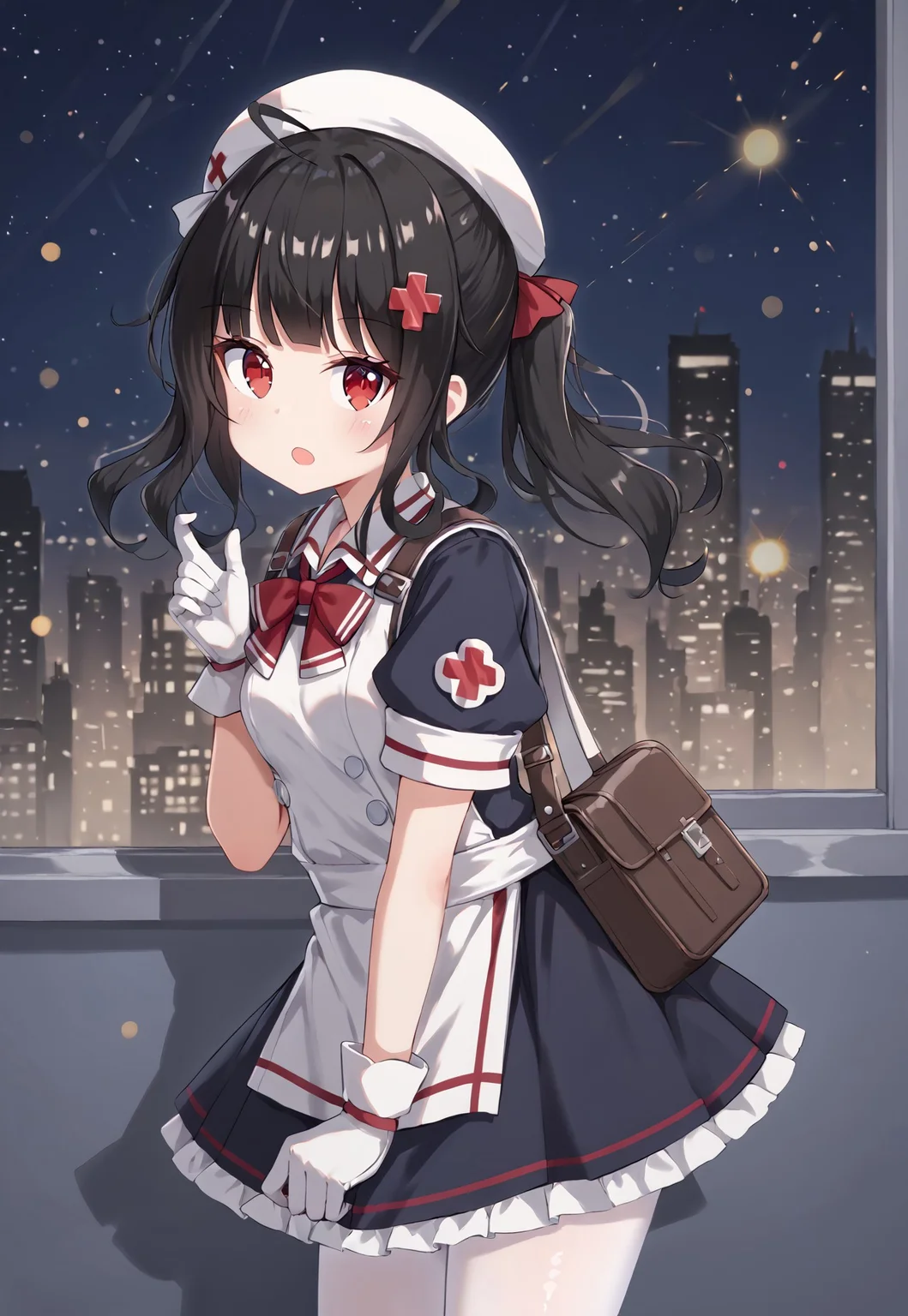 GShMedic, black hair, nurse cap, bangs, x hair ornament, ahoge, red eyes, white headwear, white apron, puffy short sleeves, white gloves, side ponytail, black skirt, black sleeves, red bow, armband, sidelocks, long hair, white pantyhose, collared dress, small breasts,

looking at viewer, head tilt, open mouth, from side, hand up, bag, first aid kit,

window, city, cityscape, dark, night, night sky,

1girl, solo, solo focus, highres, absurdres, light particles, shade, lens flare, shiny skin, fine fabric emphasis,