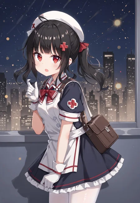 GShMedic, black hair, nurse cap, bangs, x hair ornament, ahoge, red eyes, white headwear, white apron, puffy short sleeves, white gloves, side ponytail, black skirt, black sleeves, red bow, armband, sidelocks, long hair, white pantyhose, collared dress, small breasts,

looking at viewer, head tilt, open mouth, from side, hand up, bag, first aid kit,

window, city, cityscape, dark, night, night sky,

1girl, solo, solo focus, highres, absurdres, light particles, shade, lens flare, shiny skin, fine fabric emphasis,