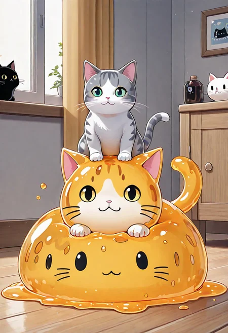 xslimecatx, best quality, masterpiece, cat, sitting on another cat, sitting on another cat