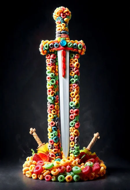 A photorealistic image of a majestic sword made of fruit loops,
intricate details, dramatic composition, tension, contrast, texture, realism, high quality, stunning art, film grain, volumetric lighting, detailed,
simple background, black background,