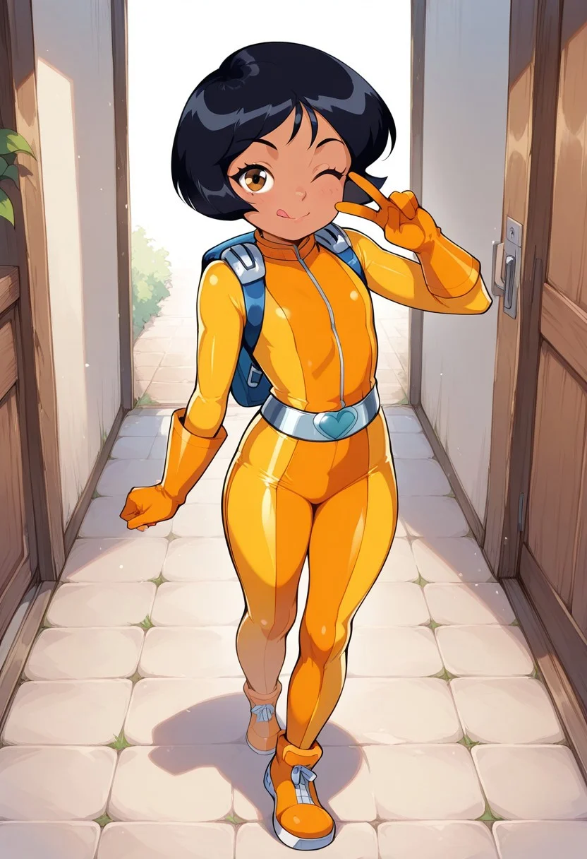 alex_totally_spies, short hair, black hair, brown eyes, dark-skinned female,yellow bodysuit, 
masterpiece, best quality, amazing quality, very aesthetic, absurdres, 
1girl, solo, short, young, flat_chest1.9, Shortstack, 
 looking at viewer, standing, smile, closed mouth,  tongue out, peace sign, wink, full body