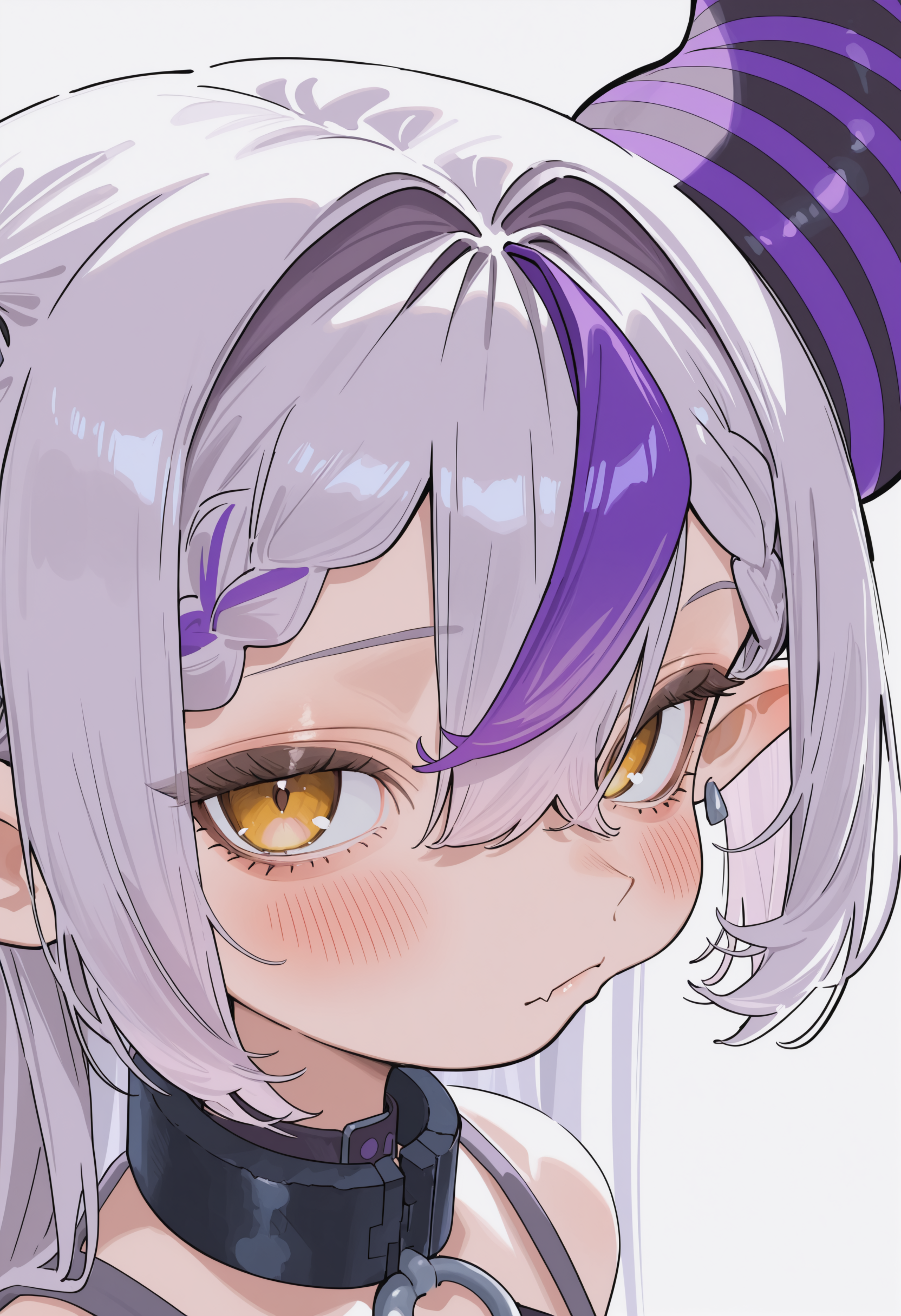 masterpiece, best quality, newest, absurdres, highres, very awa, anime screencap, limited palette, no lineart, sketch, grey background, simple background, la+ darknesss, 1girl, virtual youtuber, purple hair, multicolored hair, pointy ears, streaked hair, horns, solo, looking at viewer, portrait, braid, long hair, grey hair, striped horns, yellow eyes, hair between eyes, collar, braided bangs, white background, earrings, blush, black horns, choker, fang, closed mouth, jewelry, black choker, hair intakes, skin fang, black collar, demon horns, profile