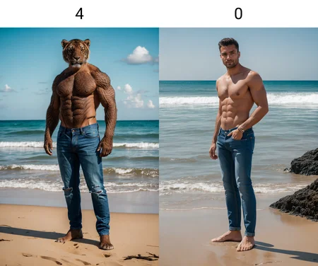 RAW photo, ultrares, man, 8k, 4k, detailed, in beach, topless, standing <lora:tiger_slider_v10:4>, looking at viewer, jeans