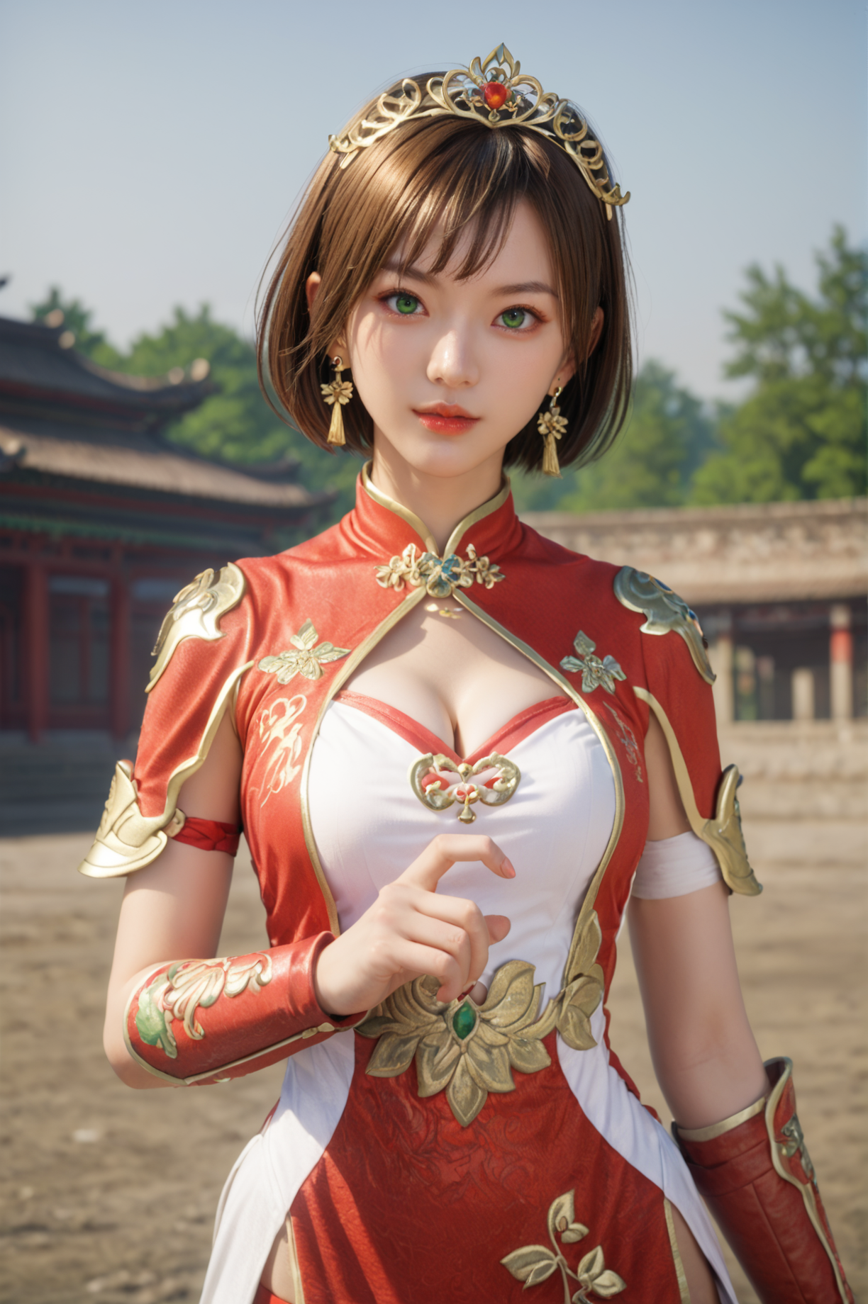 score_9, score_8_up, score_7_up, masterpiece, best quality, perfect anatomy, very aesthetic, BREAK dynamic pose, cowboy shot<lora:Sun_Shangxiang_Dynasty_Warriors:0.7>
solo, 1girl, short hair, brown hair, green eyes, tiara, jewelry, earrings, chinese clothes, cleavage cutout, outdoors, looking at viewer