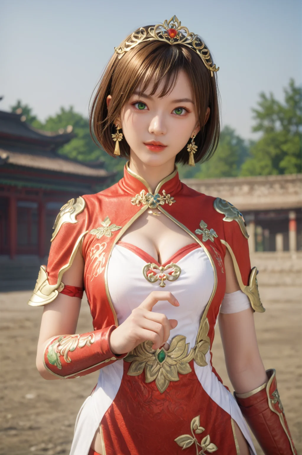 score_9, score_8_up, score_7_up, masterpiece, best quality, perfect anatomy, very aesthetic, BREAK dynamic pose, cowboy shot<lora:Sun_Shangxiang_Dynasty_Warriors:0.7>
solo, 1girl, short hair, brown hair, green eyes, tiara, jewelry, earrings, chinese clothes, cleavage cutout, outdoors, looking at viewer