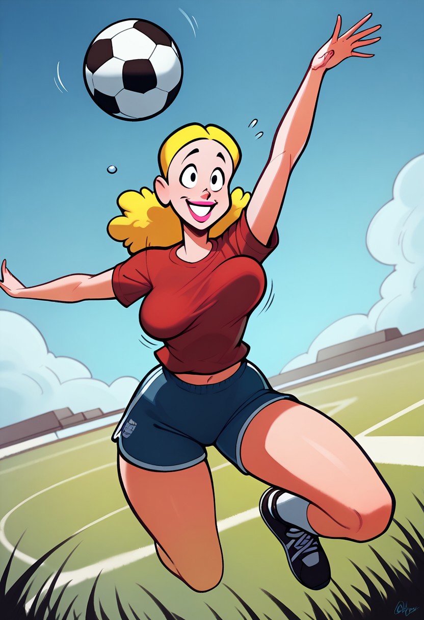 score_9, score_8_up, score_7_up BREAK solo, Palomita, 1girl, blonde hair, black eyes, pink lipstick, medium breasts, red t-shirt, blue dolphin shorts, white socks, bouncing breasts, front view, black sneakers, jumping,  headbutting soccer ball, grass field, looking at soccer ball, smile, blue sky, flying sweatdrops, outdoors, medium hips, curvy, solo
