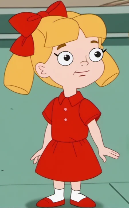 1girl, solo, povenmirestyle2, child, blond hair, short sleeves, red dress, bows, toon \(style\), <lora:povenmirestyle2:1>, <lora:Cindy_Brady:0.5>,
