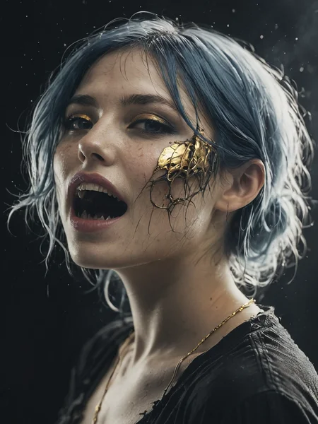 (((A beautiful Passionate, 23 years old woman, with Midnight blue hair shimmering under starlight, silver-gray eyes speckled with gold flecks, and pale skin glowing softly like moonlight., wearing Angel Wing Inspired Top. Answer.))) (((with exaggerated expressions))) Wearing Tattered Rags Like A Ghost Costume! - This spooky veggie drapes itself in tattered rags that flutter eerily in the breeze!, Smoke Photography: Capture wisps of smoke using a black background and controlled lighting to highlight shapes and textures. The outcome is abstract and artistic, often resembling flowing fabric or ethereal forms..(dynamic:1.1),sun rays,(taken by 12.5mm fisheye lens:1.1),
(Vivid, HDR, Canon50, 8K, Hyper Realistic, Dramatic, Epic, Dynamic Contrast, Cinematic Lighting, increased brightness)(((Zoomed Out, Far away Shot))) = =. Epic dynamic lighting , vibrant,highly detailed,psychedelic,((Psychedelic, rainbow glow ))
((Vivid, Epic, Dynamic contrast)) (((Zoomed out, Far away shot, In frame)), (((Cinematic)))
<lora:juggernautXL_version6Rundiffusion:0.8> <lora:crystalClearXL_ccxl:0.8> <lora:QuadpipeQp_sdxlV2:0.8>
<lora:RMSDXL_Photo:0.4><lora:fangs_jaws-000009:0.9> woman, fangs, jaws. jaws, bald man, jungle, , side view, torn mouth, - Generate images with sharp edges and fine details.
- Produce high-resolution images with no blurriness or distortions.
- Create images with clear and well-defined subjects.
- Ensure that the output images have crisp lines and distinct features.
- Generate images with vibrant colors and accurate tones.
- Avoid noise or artifacts in the generated images.
- Focus on producing clear textures and patterns in the images.
- Emphasize clarity and definition in all aspects of the generated images.
- Prioritize the sharpness and clarity of the main subjects in the images.
- Optimize the AI model to produce clear and visually appealing images., Wlop, By art germ, Ross tran