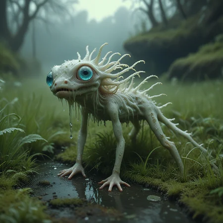 white PXDlichenmutant, wet, lurking in green grass, amazing nature, natural lighting, big leaf, analog photo, detailed 4k, creepy creature, moss, stream, water, intricate image details, rainbow shine, dripping water, haze, fog, blue eyes,