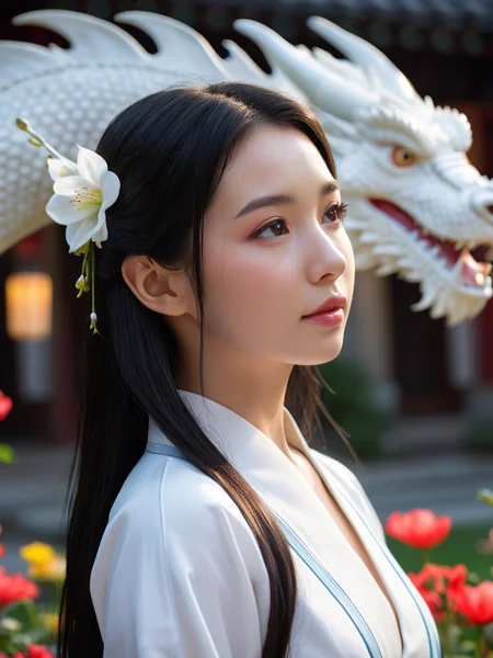 A woman in white looks into the distance,An oriental white dragon crawls behind her,eastern dragon,flower,long hair,chinese clothes,black hair,hanfu,hair ornament,solo,looking ahead,white oriental dragon,white cloud,girl,volumetric lighting,anti-aliasing,color-graded,bokeh,1DOF,nikon D850,ultra realistic detailed,aesthetic,best quality,(photorealistic:1.2),dynamic angle,elegant,realistic skin detail,loong
