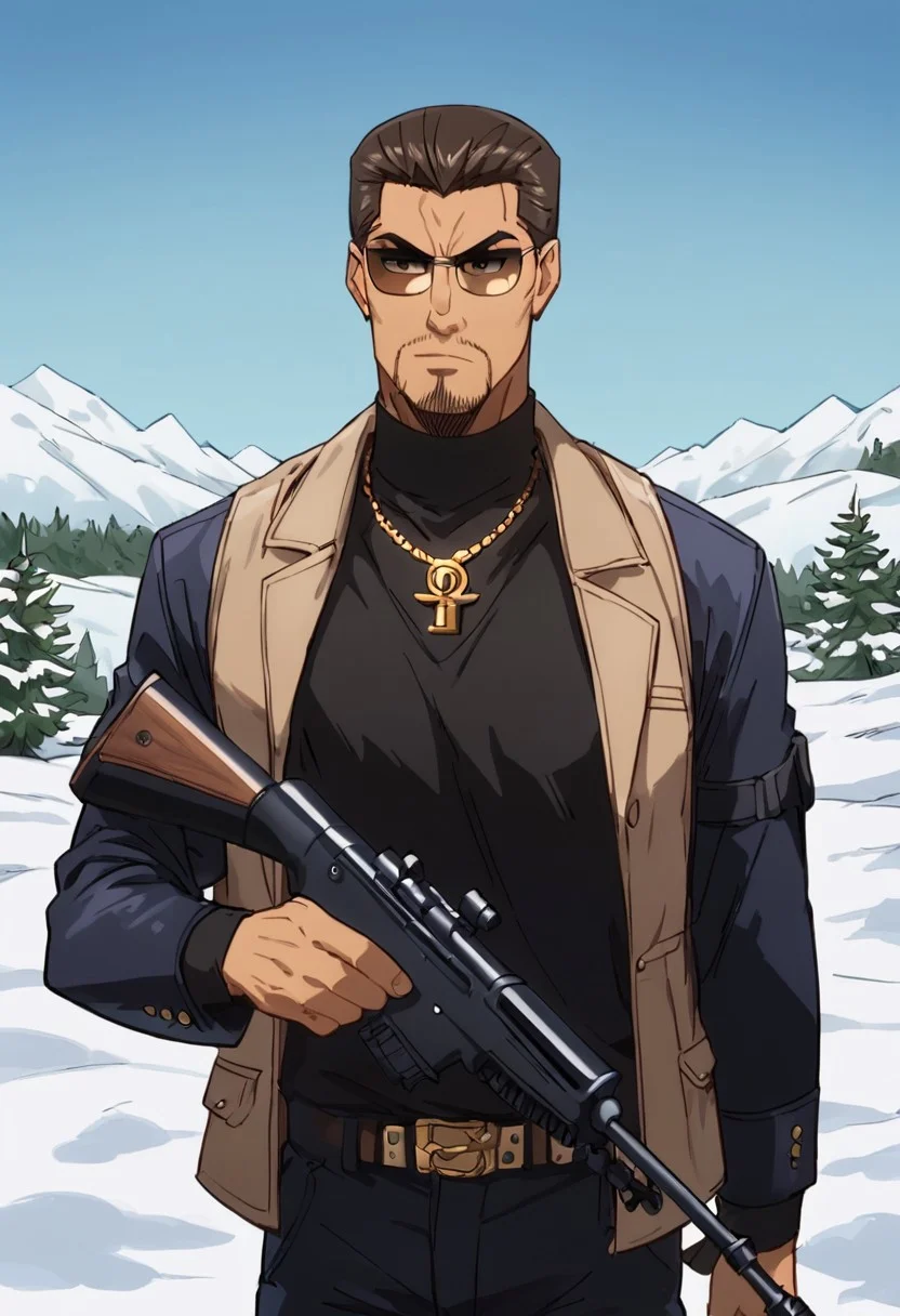 score_9, score_8_up, score_7_up, score_6_up, source_anime, BREAK, 1man, solo, (( <lora:kataoka_tesshin:1> , kataoka_tesshin, piercing dark brown eyes, clear eyes, strict eyes, strong muscular toned body, manly, strong male, alfa male, light tanned skin, short brown hair, hair gelled back, short brown circle beard, chad male, charismatic male, )) , ((very cool brown-lens sunglasses, black shirt, black trousers with gold belt, thick gold yakuza necklace, )) , male focus, looking away, holding rifle, mosin-nagant, bolt action, sniper rifle, scope, snow, cloudy sky, outdoors, aiming, serious, from above, upper body, foreshortening, perspective, distortion, angulation, depth, scaling, finger on trigger,