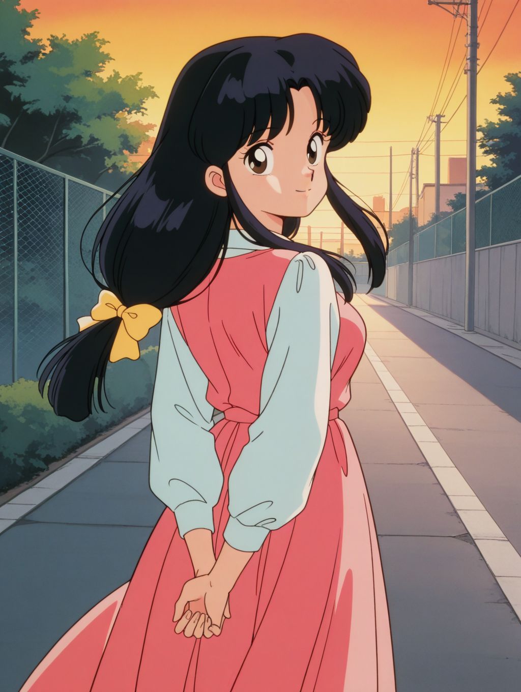 masterpiece, best quality, newest, absurdres, highres, detailed eyes, beautiful, detailed background, perfect eyes, anime coloring, masterpiece, best quality, newest, absurdres, highres, detailed eyes, beautiful, detailed background, perfect eyes, anime coloring, retro artstyle, 1990s \(style\),  1girl, solo, tendou akane, black hair, long-tied long hair, sidelocks, brown eyes, medium breasts, white collared shirt, long sleeves, pink dress, long dress, looking at viewer, smile, arms behind back, (from behind, looking back), pov, (outdoors, neighborhood, street, chain-link fence, sunset, floating hair), <lora:4k4n3_rnm-08:0.8>