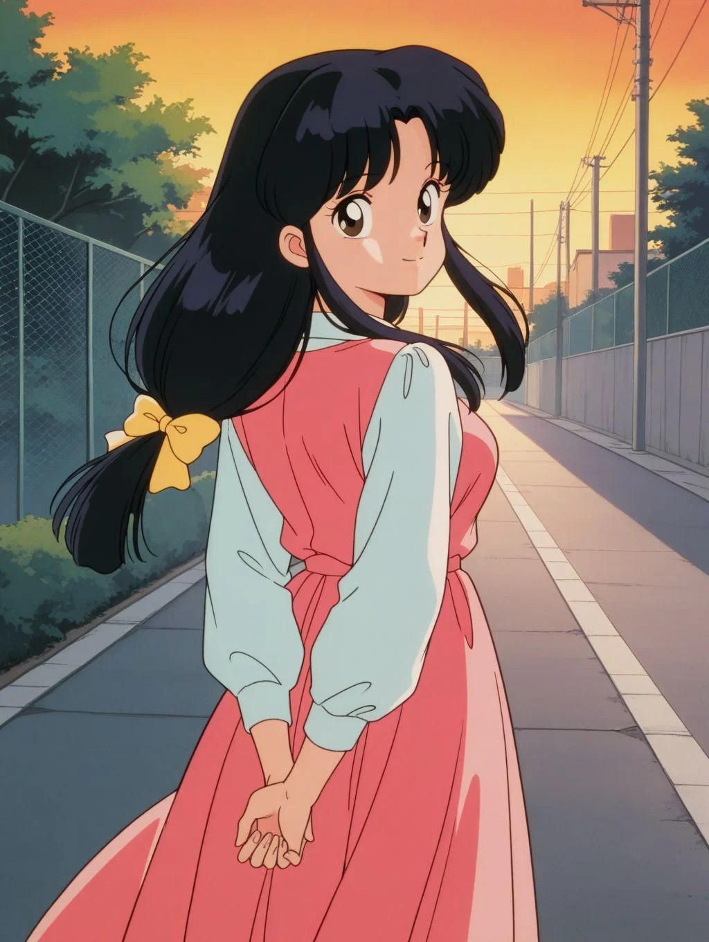masterpiece, best quality, newest, absurdres, highres, detailed eyes, beautiful, detailed background, perfect eyes, anime coloring, masterpiece, best quality, newest, absurdres, highres, detailed eyes, beautiful, detailed background, perfect eyes, anime coloring, retro artstyle, 1990s \(style\), 1girl, solo, tendou akane, black hair, long-tied long hair, sidelocks, brown eyes, medium breasts, white collared shirt, long sleeves, pink dress, long dress, looking at viewer, smile, arms behind back, (from behind, looking back), pov, (outdoors, neighborhood, street, chain-link fence, sunset, floating hair), <lora:4k4n3_rnm-08:0.8>