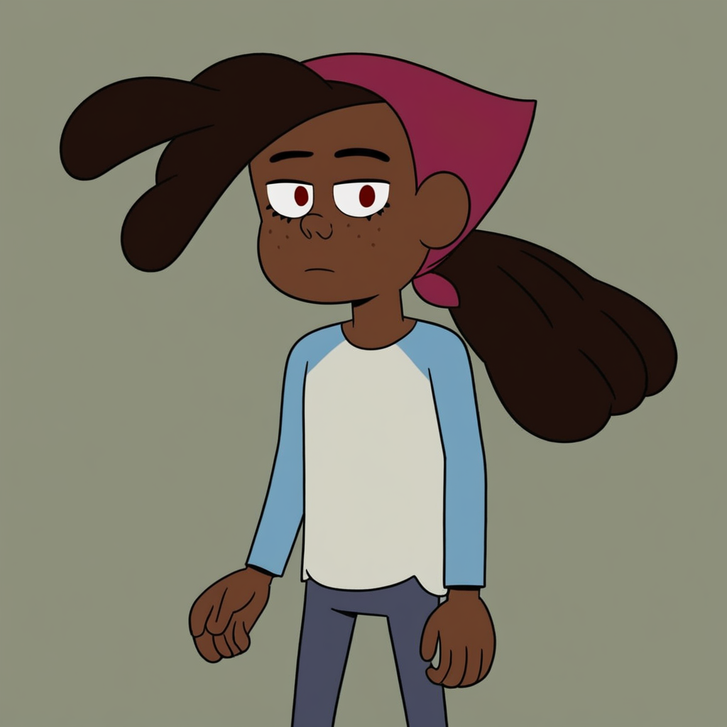 score_9, masterpiece, 1girl, Solo, female focus, Maya_Cotc, brown skin, dark red eyes, freckles, thick hair, hairstyle ponytail, dark brown hair, magenta bandana on hair, white shirt with light blue long sleeves, blueish-gray pants, white socks with one red line, sea-green shoes, big eyes, medium stature, standing, cowboy shot, room background, looking at viewer, perfect eyes, detailed eyes