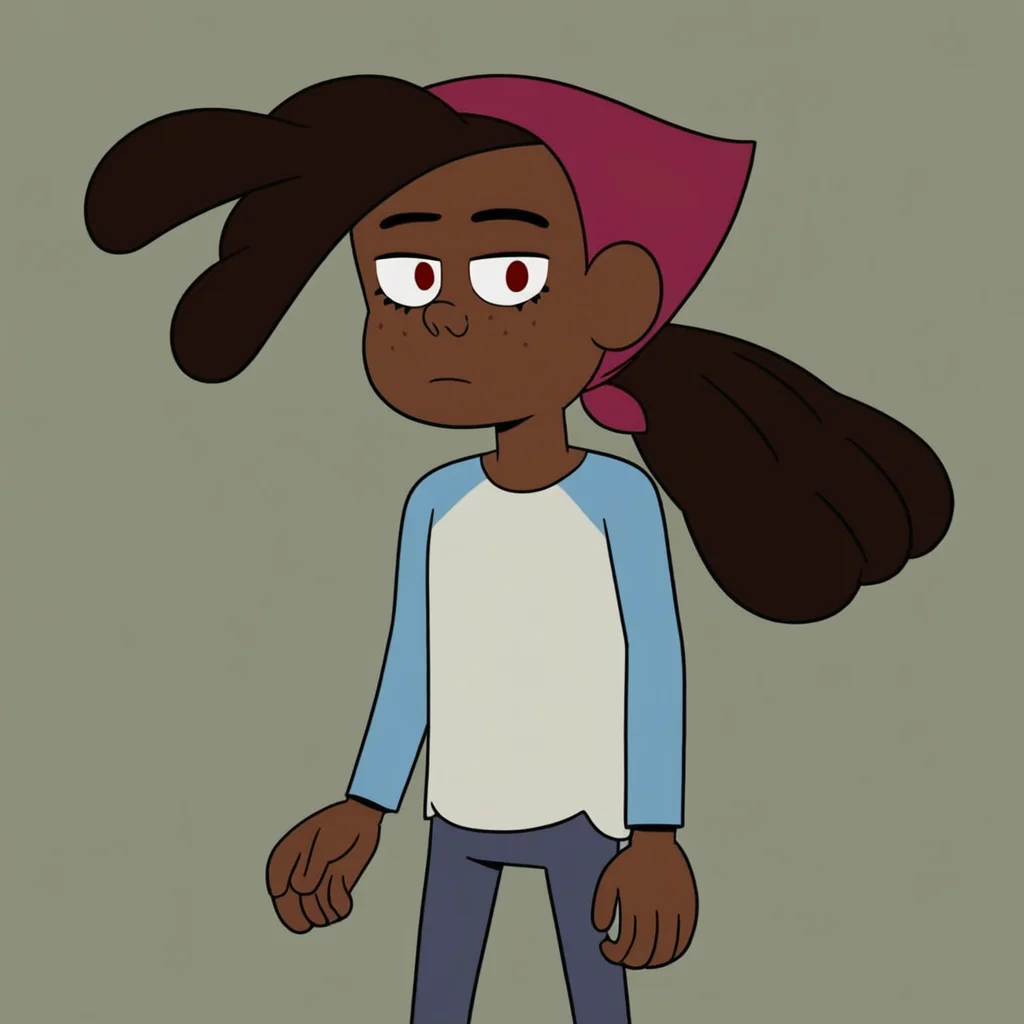 score_9, masterpiece, 1girl, Solo, female focus, Maya_Cotc, brown skin, dark red eyes, freckles, thick hair, hairstyle ponytail, dark brown hair, magenta bandana on hair, white shirt with light blue long sleeves, blueish-gray pants, white socks with one red line, sea-green shoes, big eyes, medium stature, standing, cowboy shot, room background, looking at viewer, perfect eyes, detailed eyes