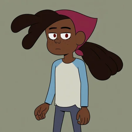 score_9, masterpiece, 1girl, Solo, female focus, Maya_Cotc, brown skin, dark red eyes, freckles, thick hair, hairstyle ponytail, dark brown hair, magenta bandana on hair, white shirt with light blue long sleeves, blueish-gray pants, white socks with one red line, sea-green shoes, big eyes, medium stature, standing, cowboy shot, room background, looking at viewer, perfect eyes, detailed eyes